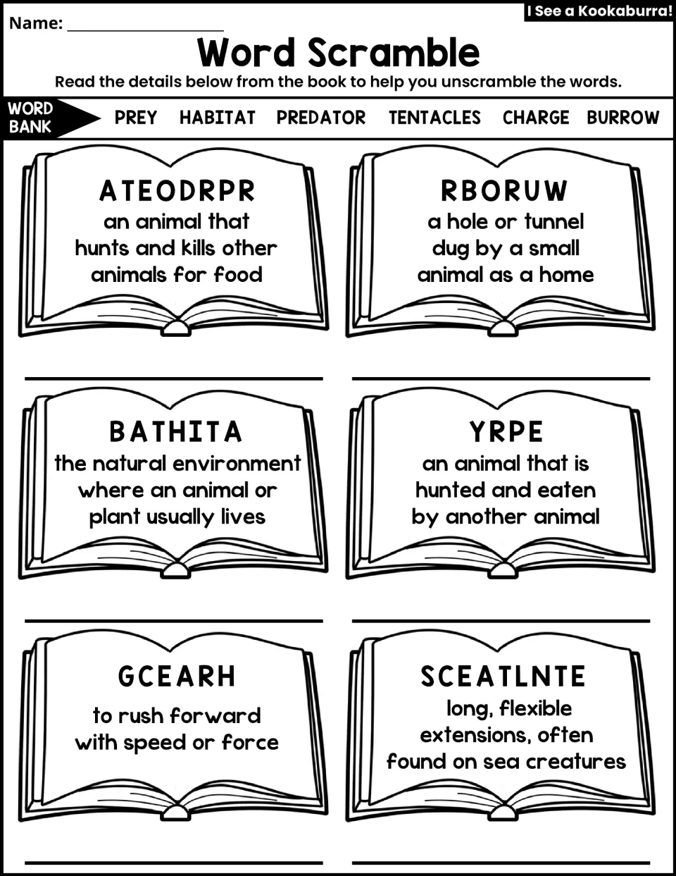 Word scramble uses six definition clues and a word bank: prey, habitat, predator, tentacles, charge, and burrow.