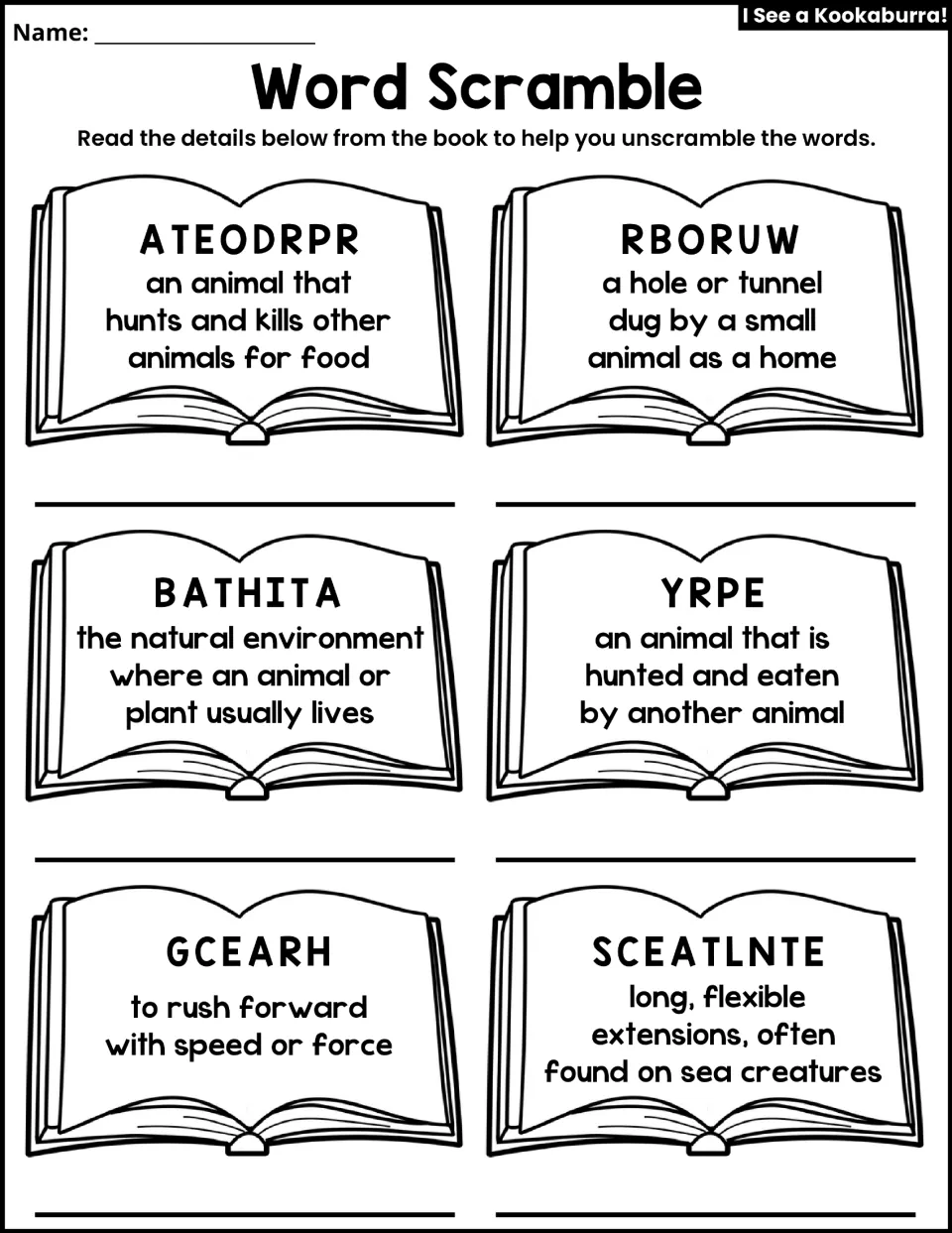 Word scramble without a word bank gives six clues for predator, burrow, habitat, prey, charge, and tentacles.