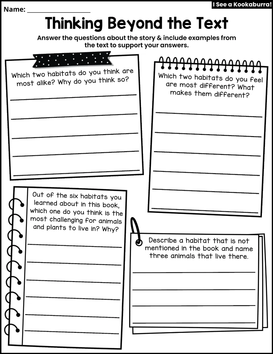 Thinking Beyond the Text asks students to compare habitats, assess living challenges, and name another habitat.