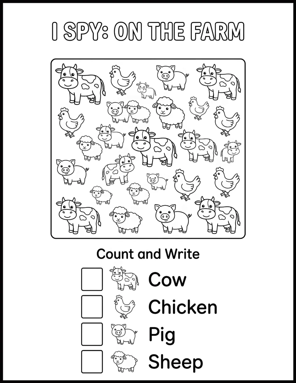 I Spy: On the Farm counting: students find cows, chickens, pigs and sheep in the picture and write how many of each