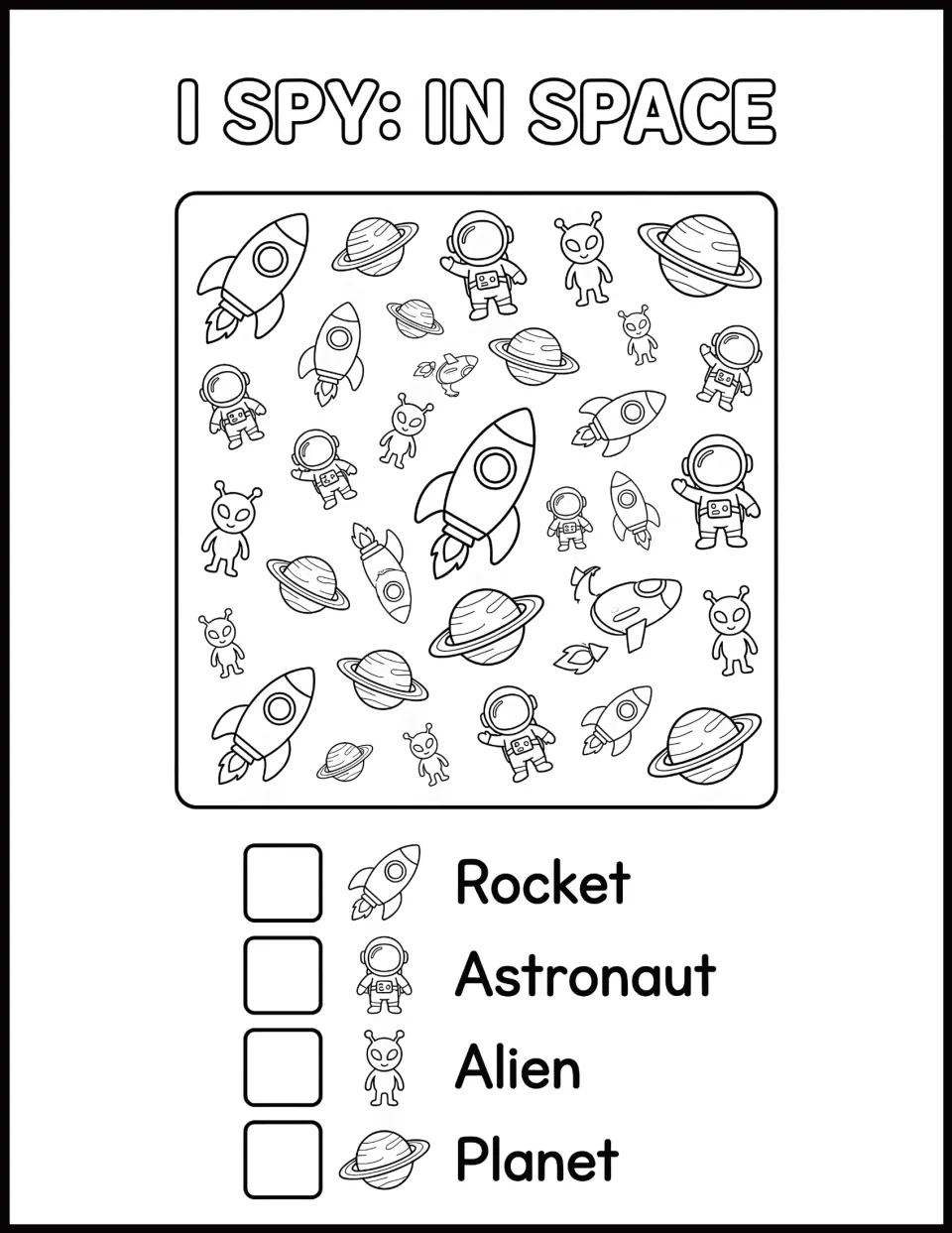 I Spy: In Space counting: students search the scene for rockets, astronauts, aliens and planets and record each total