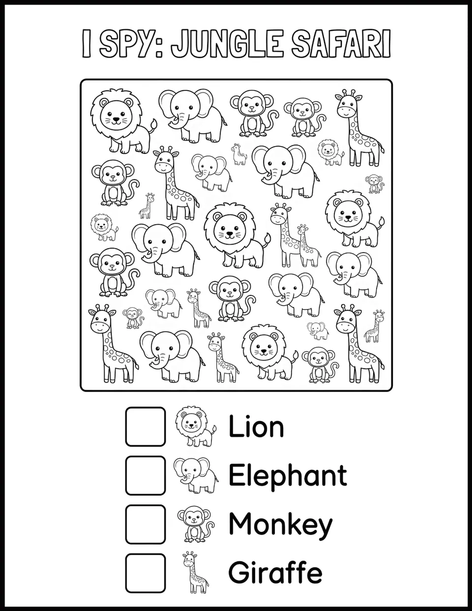 I Spy: Jungle Safari: children find and count the lions, elephants, monkeys and giraffes, then write each number