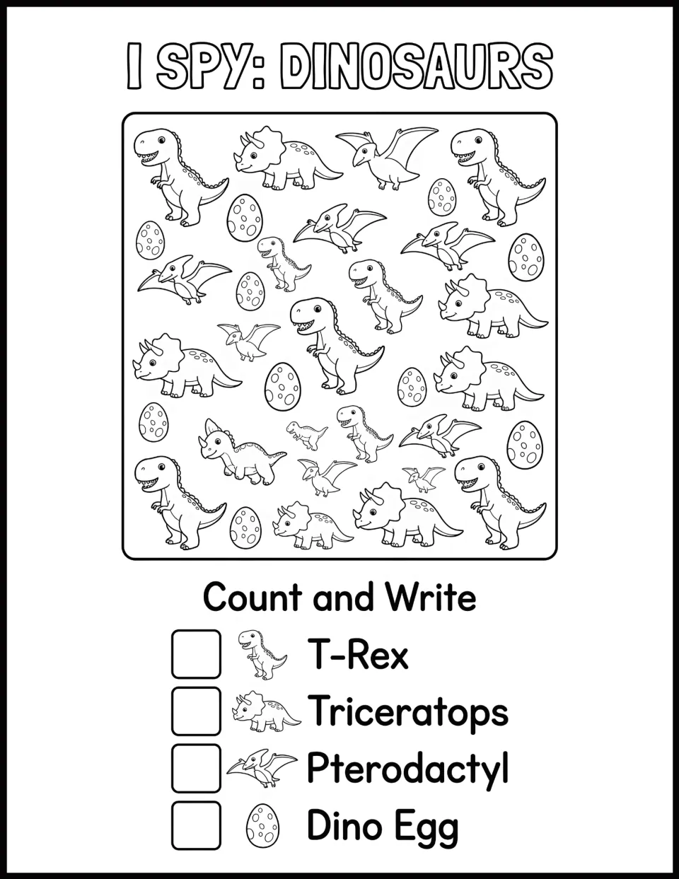 I Spy: Dinosaurs count and write: students tally T-Rex, Triceratops, Pterodactyl and dino egg pictures in the scene