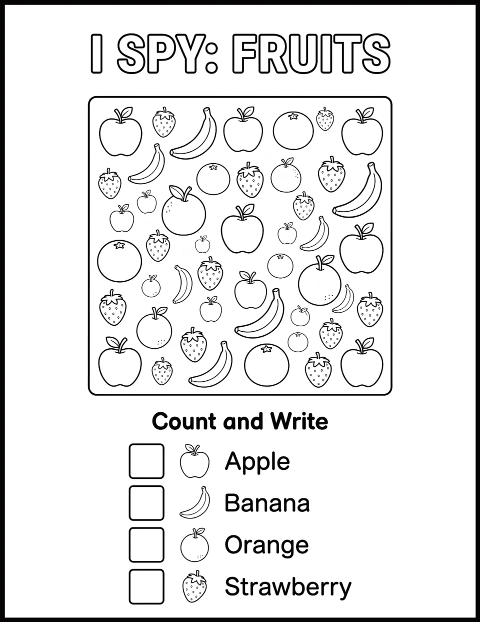 I Spy: Fruits count and write: children count apples, bananas, oranges and strawberries and write the totals