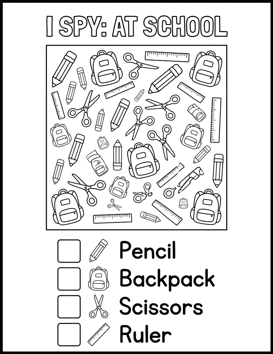 I Spy: At School counting: students find pencils, backpacks, scissors and rulers among the supplies and write totals