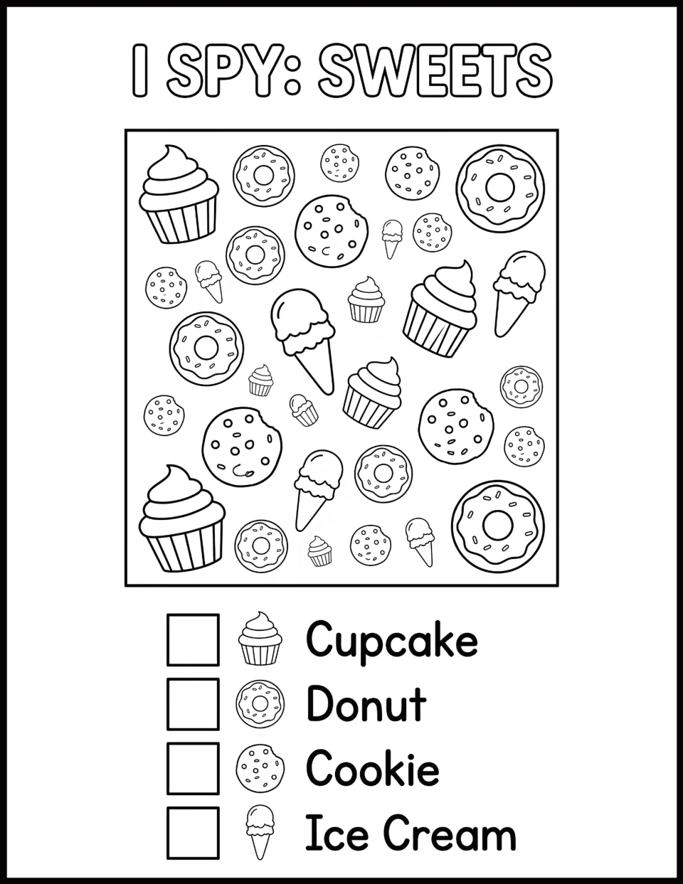 I Spy: Sweets counting: children spot cupcakes, donuts, cookies and ice cream cones and write how many they see