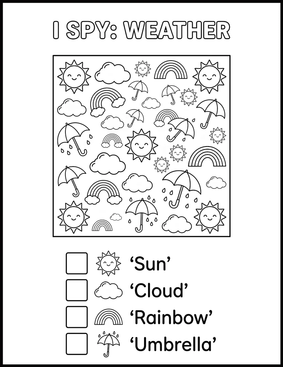 I Spy: Weather counting: students find suns, clouds, rainbows and umbrellas in the scene and record each number