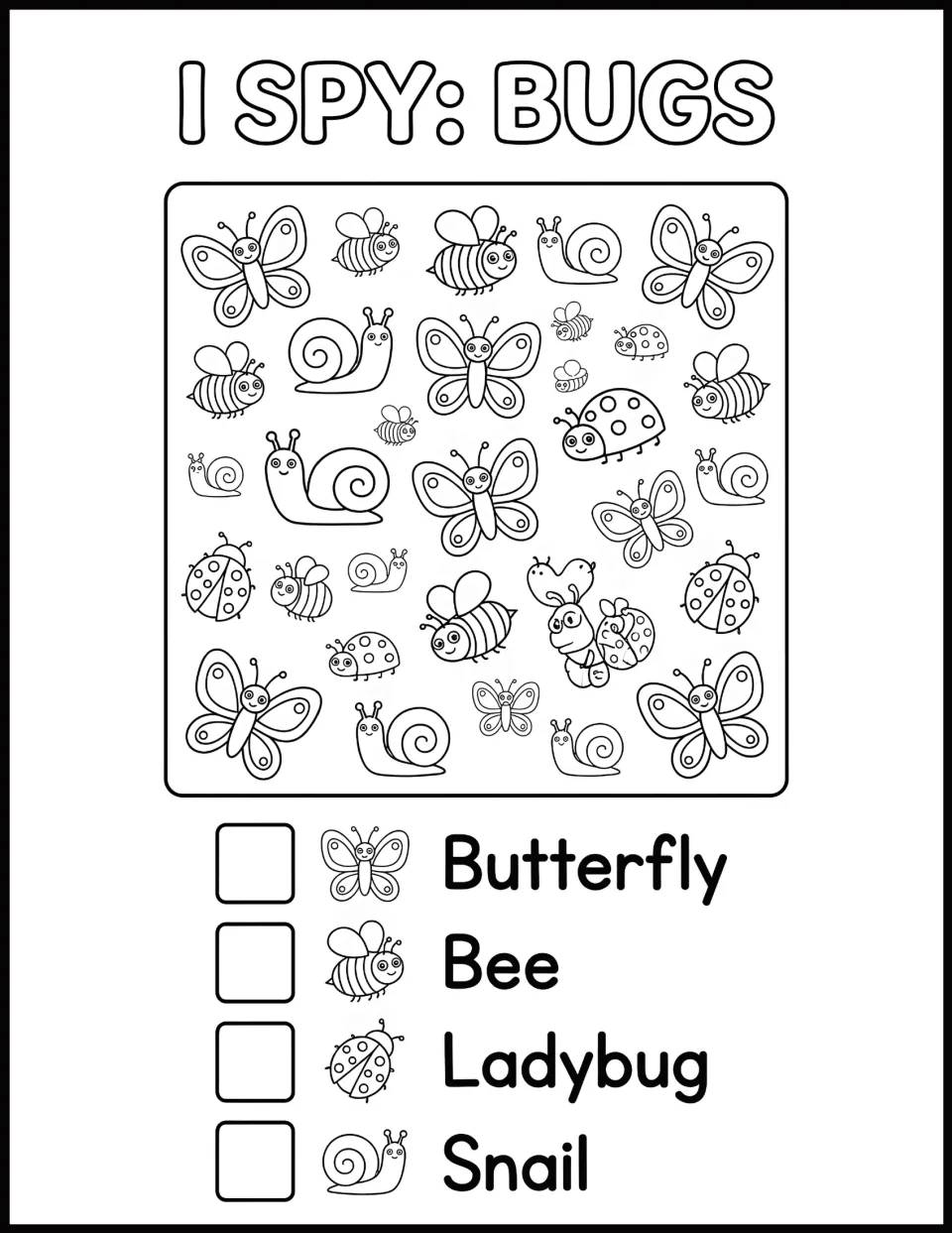 I Spy: Bugs counting: children search for butterflies, bees, ladybugs and snails and write the count beside each