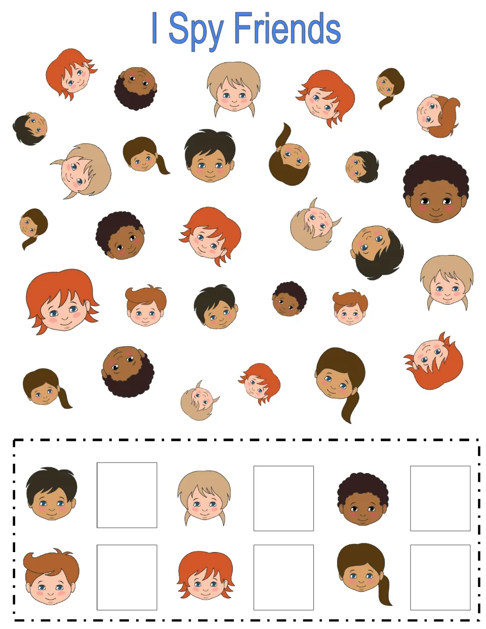 Friendship I Spy counting activity: find and count six different children's faces among 30 pictured faces.