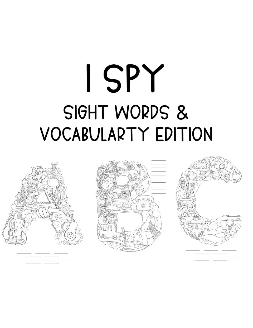 I Spy Sight Words & Vocabulary Edition cover showing letters A, B and C each drawn from small hidden objects to color