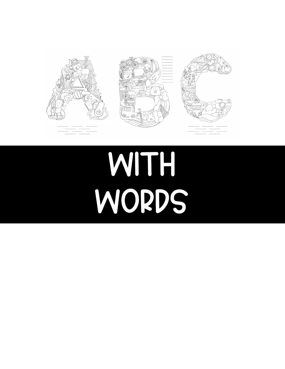 Section title 'With Words' under doodle letters A, B and C, opening the pages that list vocabulary words to find