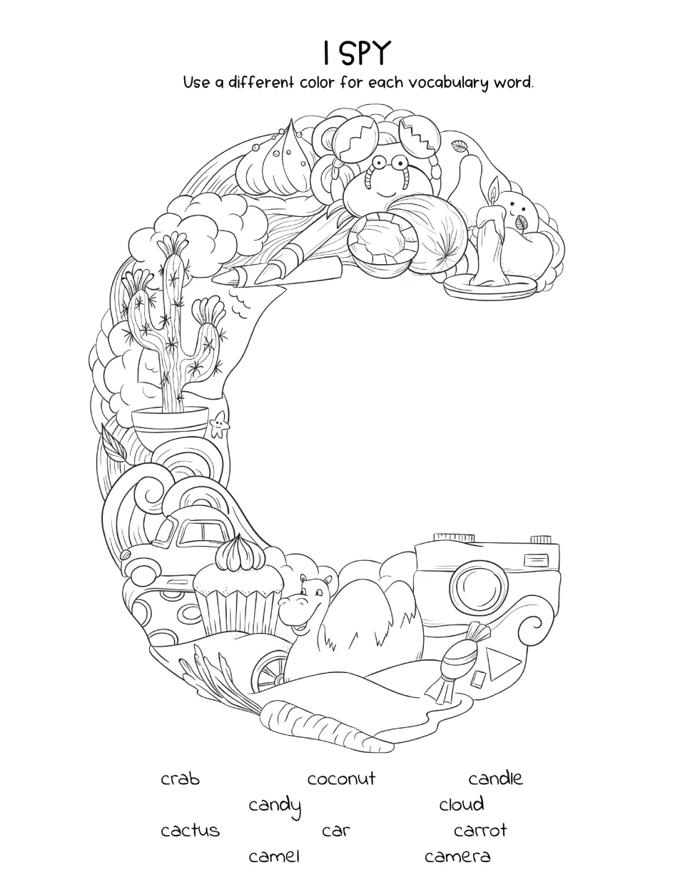 Letter C I Spy: students search for crab, coconut, candle, candy, cloud, cactus, car, carrot, camel and camera to color