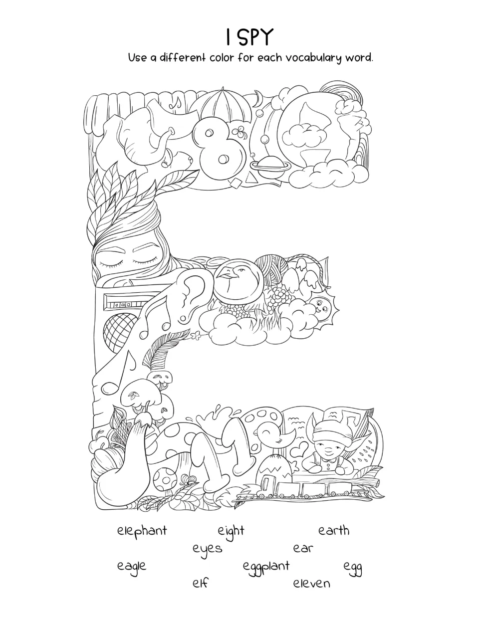 Letter E I Spy: students find elephant, eight, earth, eyes, ear, eagle, eggplant, egg, elf and eleven, coloring each one