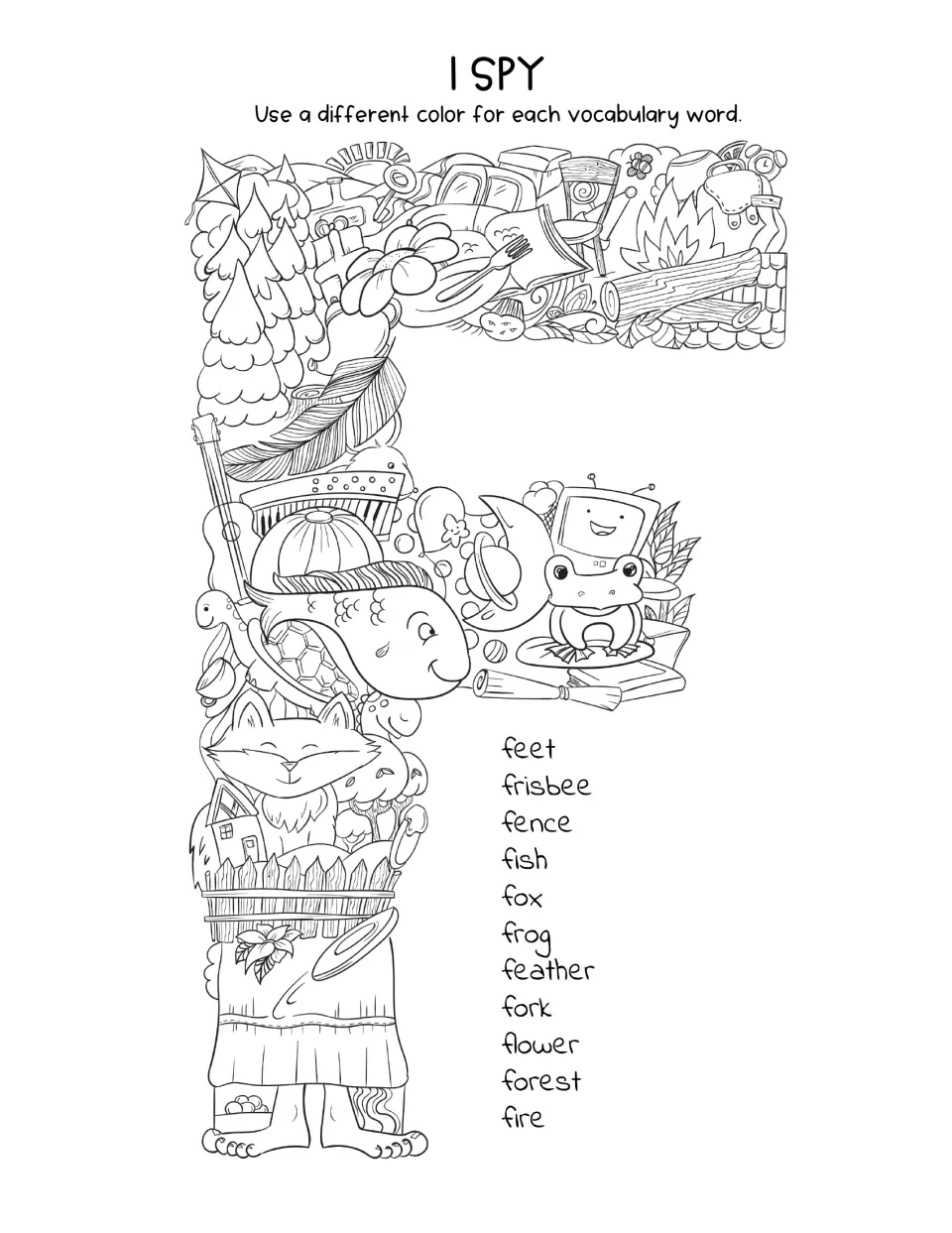 Letter F I Spy: students spot feet, frisbee, fence, fish, fox, frog, feather, fork, flower, forest and fire to color