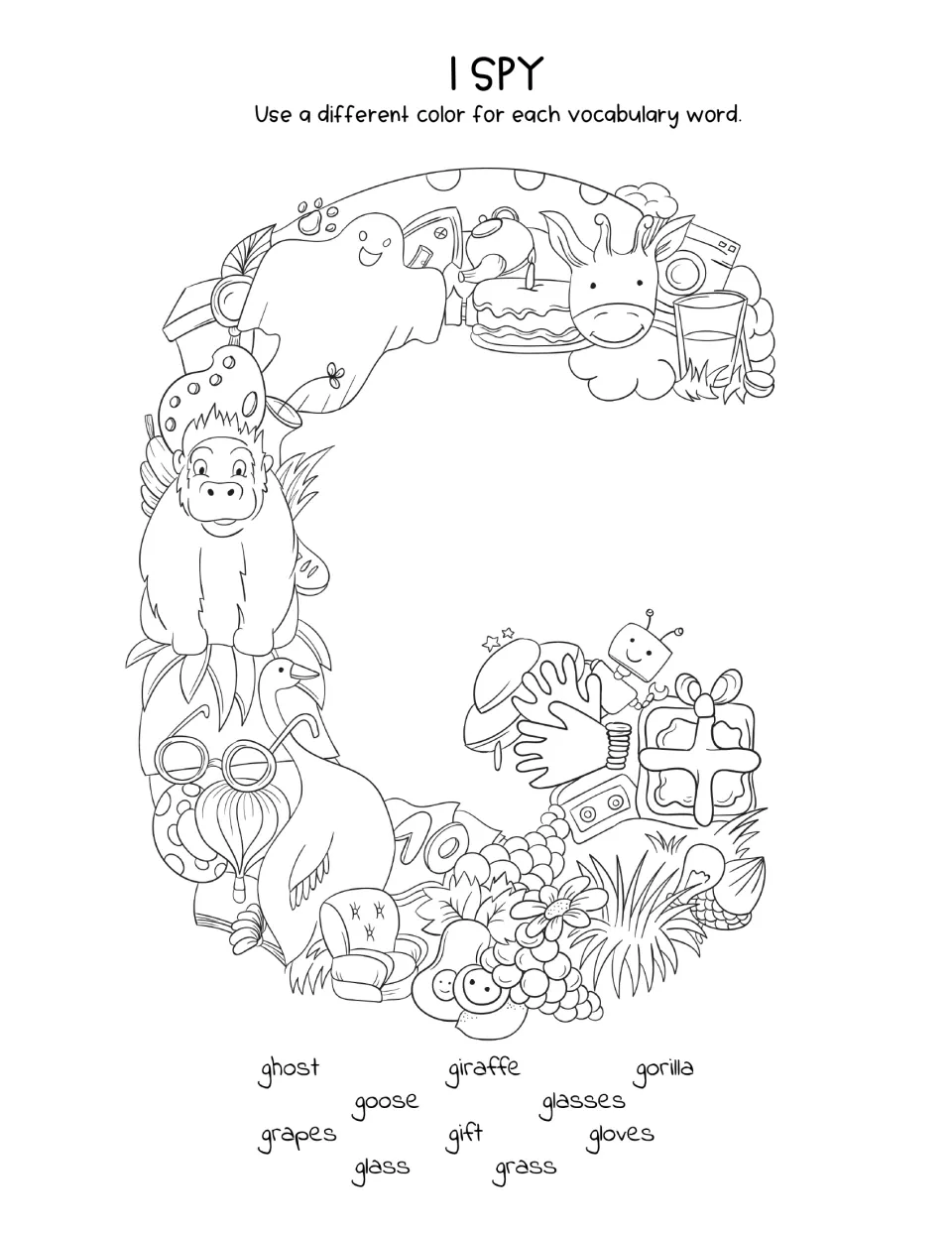 Letter G I Spy: students color ghost, giraffe, gorilla, goose, glasses, grapes, gift, gloves, glass and grass in the picture