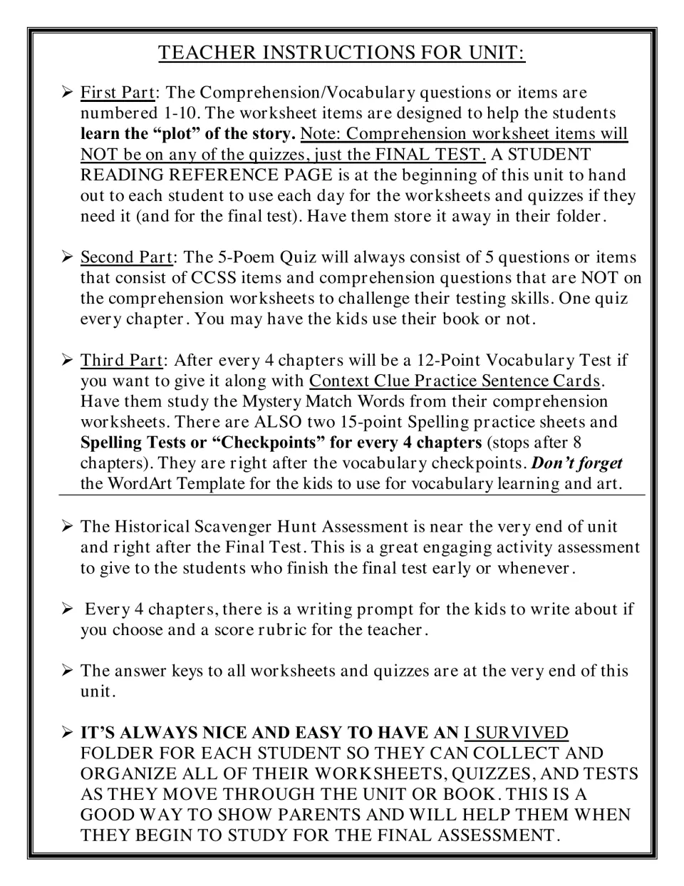 Teacher instructions: the order of chapter worksheets, quizzes, vocabulary and spelling checkpoints and final test