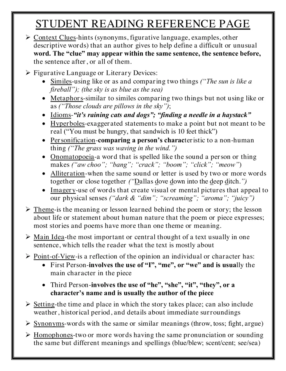Student reading reference defining context clues, similes, metaphors, theme, main idea, point of view and homophones