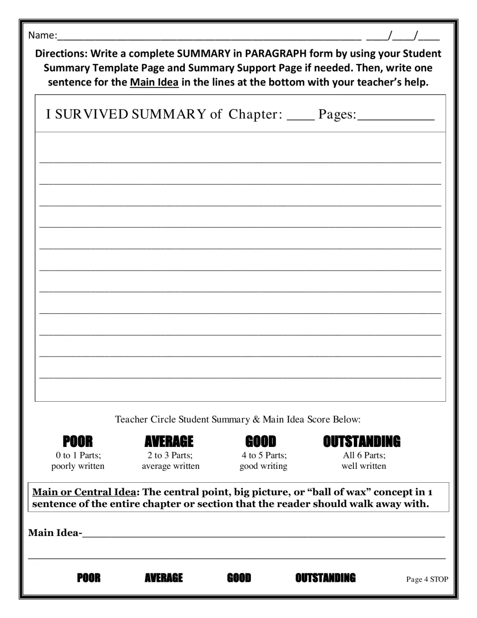 Chapter summary writing: students write a summary paragraph and a one-sentence main idea, scored poor to outstanding