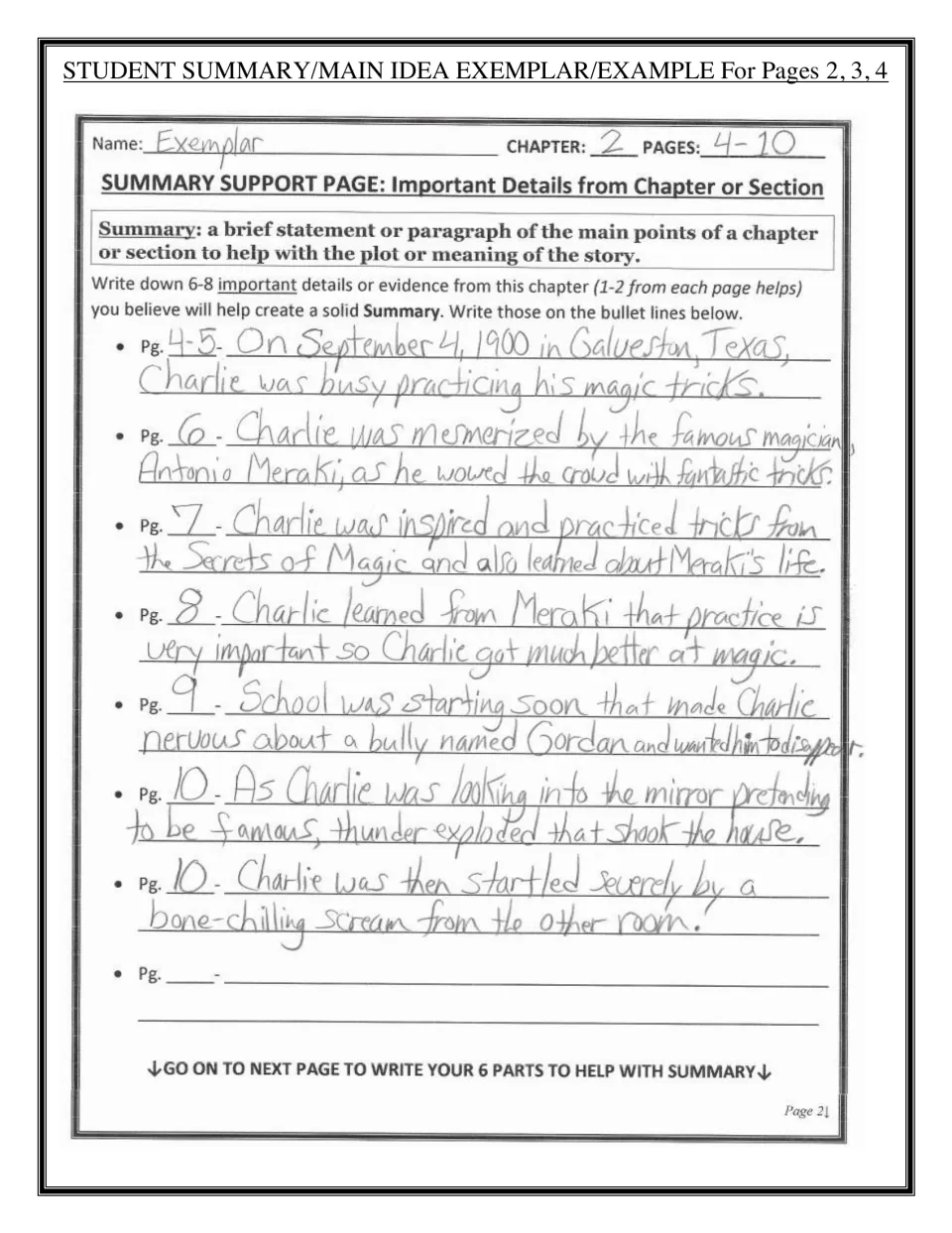 Completed exemplar of the summary support page for chapter 2, listing handwritten details about Charlie and magic tricks