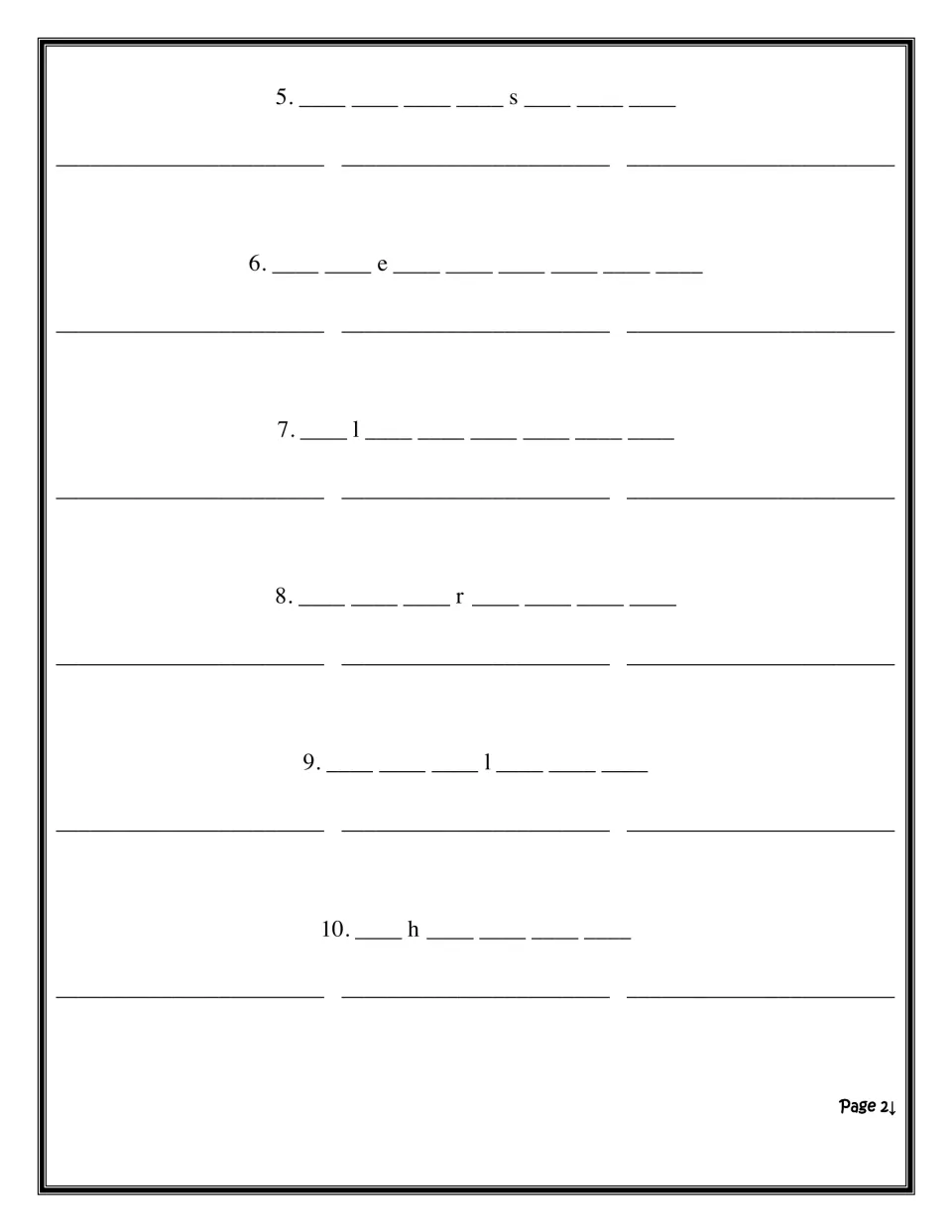 Mystery blank practice, items 5 to 10: each hidden spelling term shows one given letter, with three spaces for answers