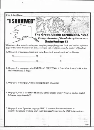 I SURVIVED The Great Alaska Earthquake, 1964 Book Study Unit – sample page 2