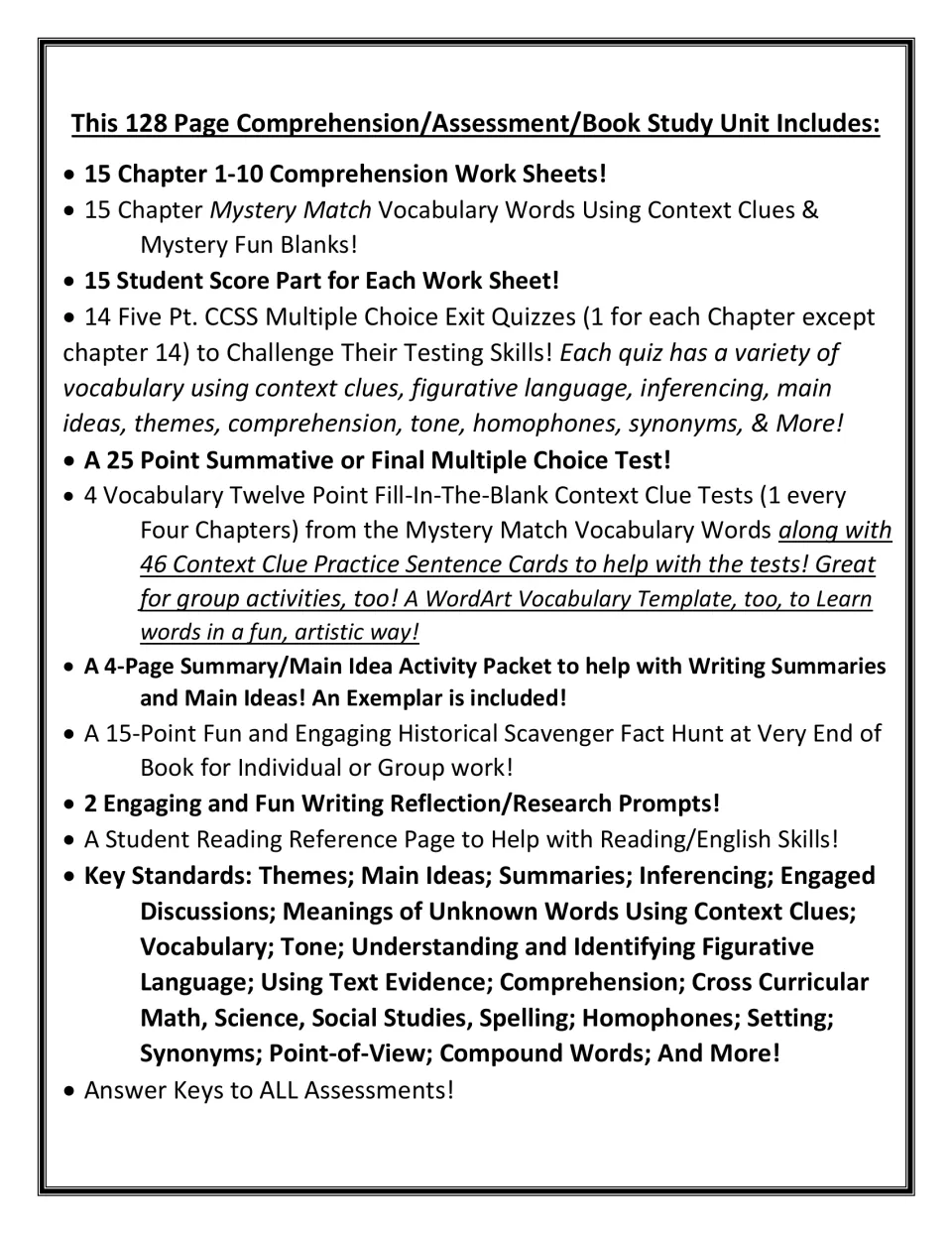 Unit contents list: chapter worksheets, Mystery Match vocabulary, exit quizzes, final test, summary packet and fact hunt
