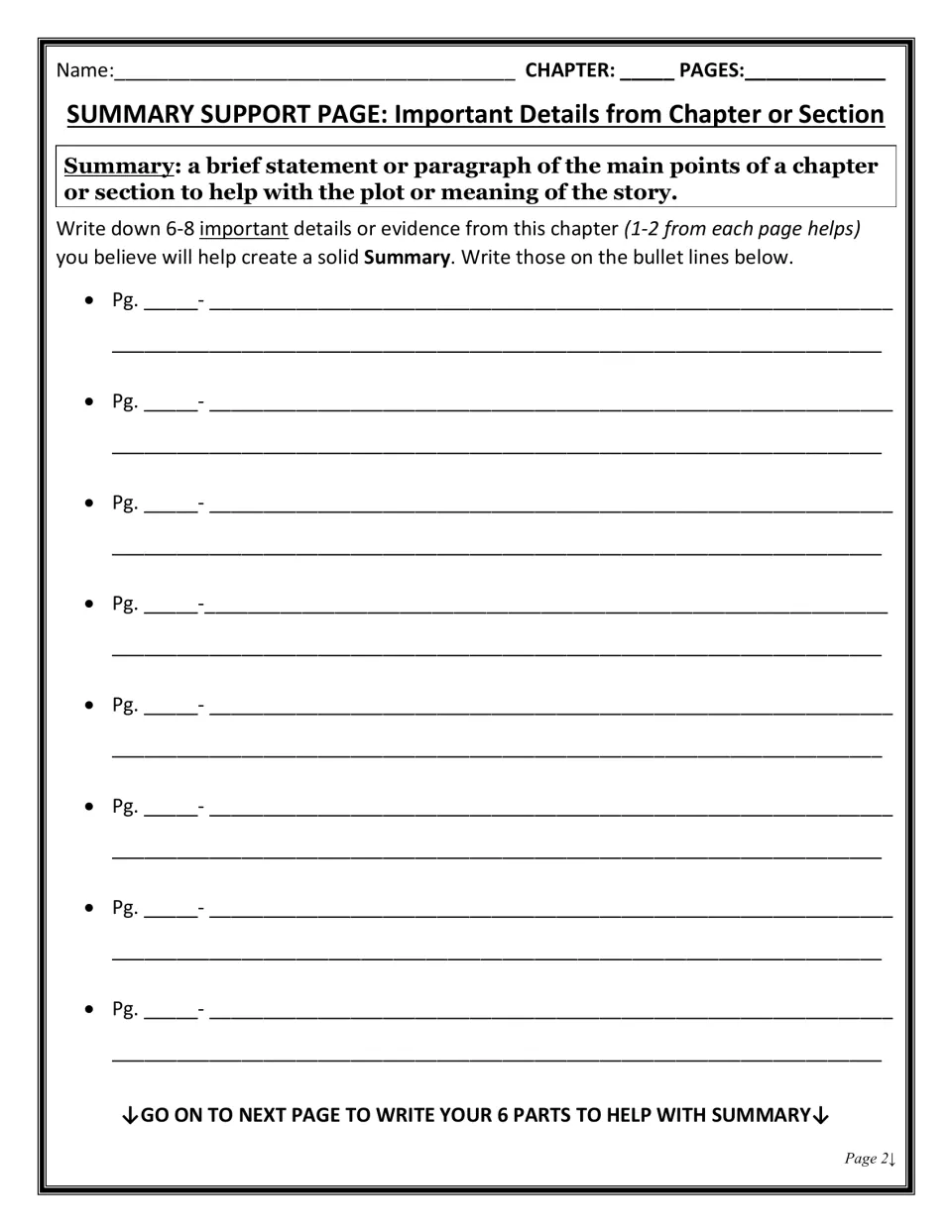 Summary support page: students record 6 to 8 important details with page numbers from one chapter to plan a summary