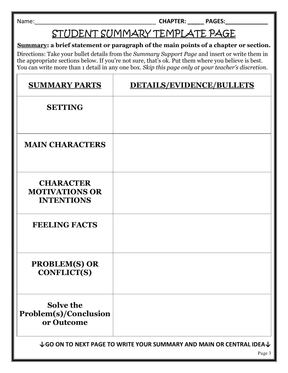 Summary template: students sort chapter details into setting, characters, motivations, feelings, problem and solution