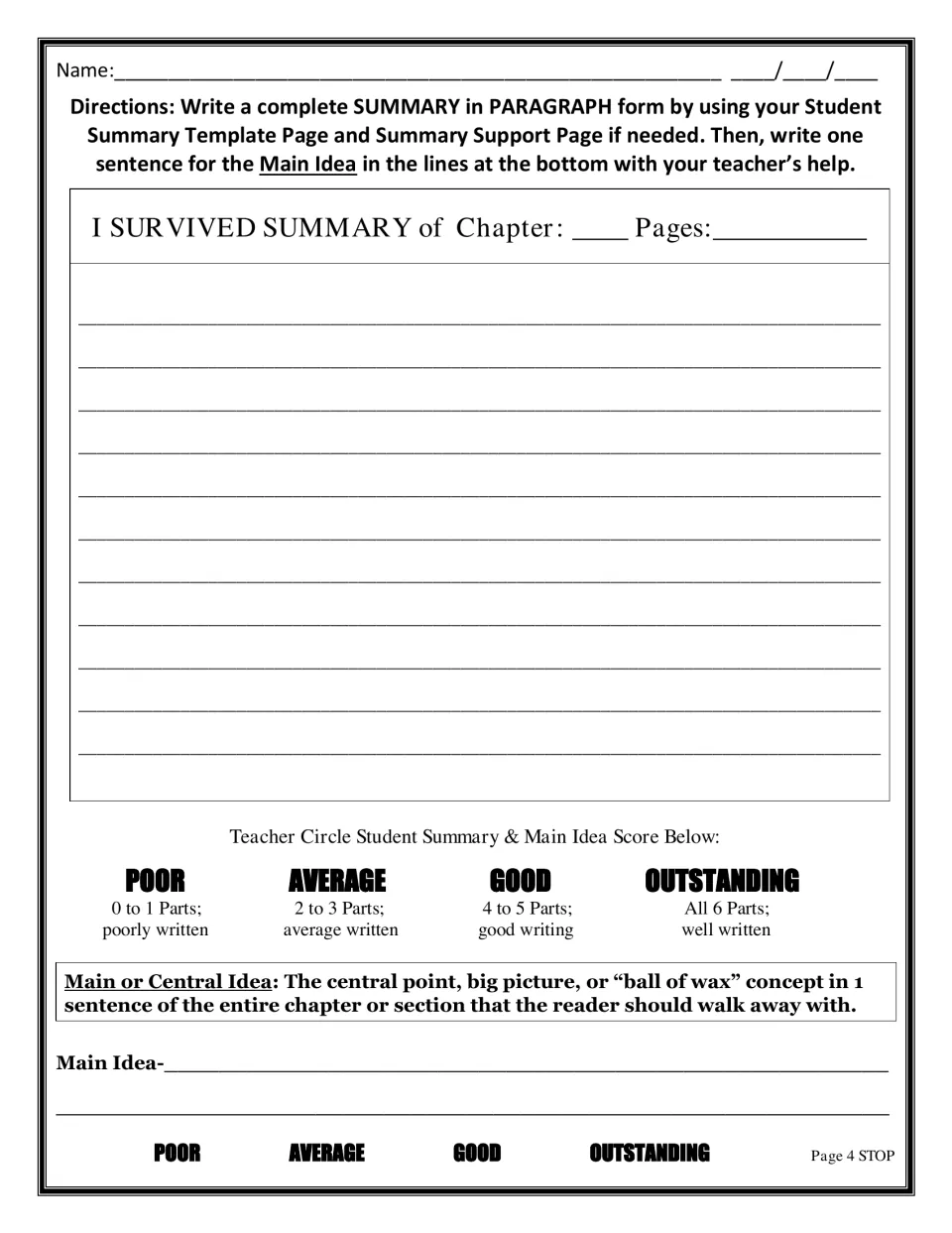 Summary writing: students draft a chapter summary paragraph and one main idea sentence, scored poor to outstanding