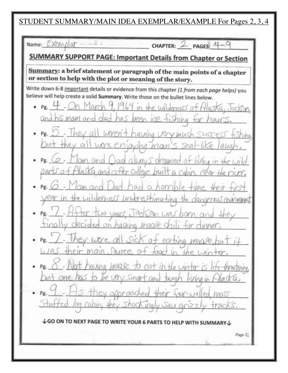 Exemplar support page: handwritten Chapter 2 details on Jackson's family ice fishing, eating moose and grizzly tracks