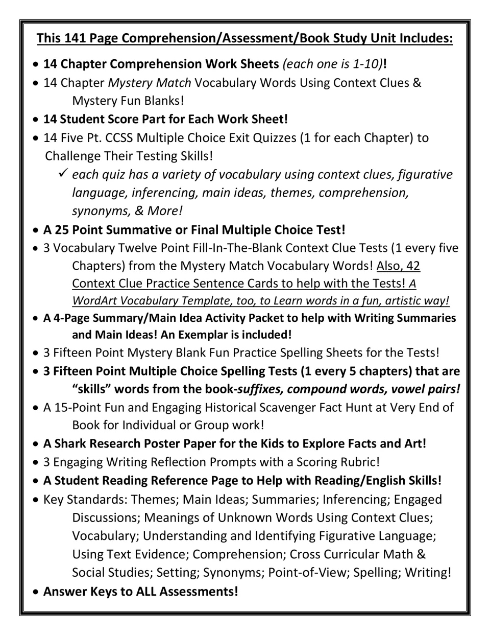 Contents list for the 141-page unit: chapter comprehension sheets, exit quizzes, vocabulary and spelling tests, answer keys