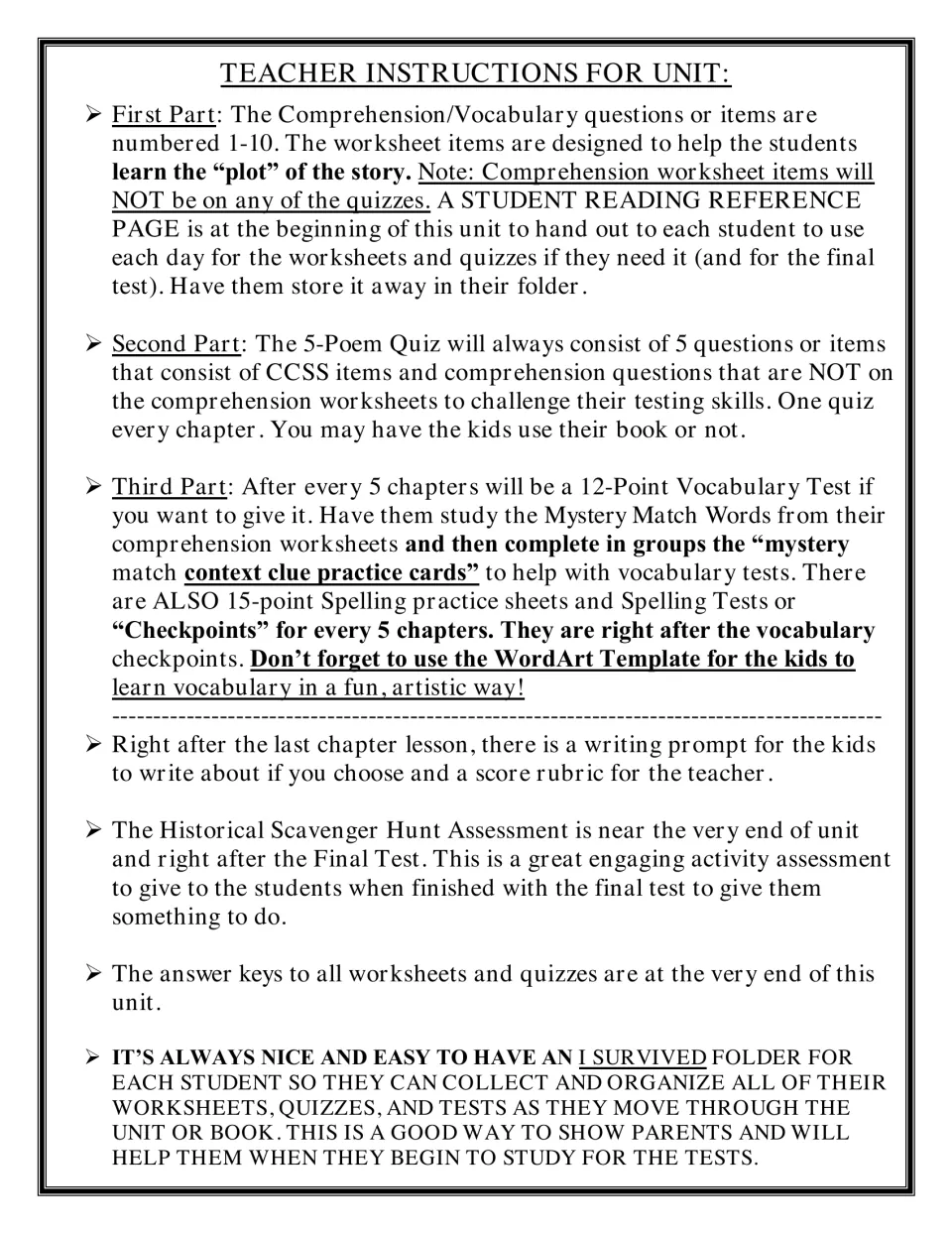 Teacher instructions on unit order: chapter worksheets, 5-question quizzes, vocabulary and spelling checkpoints