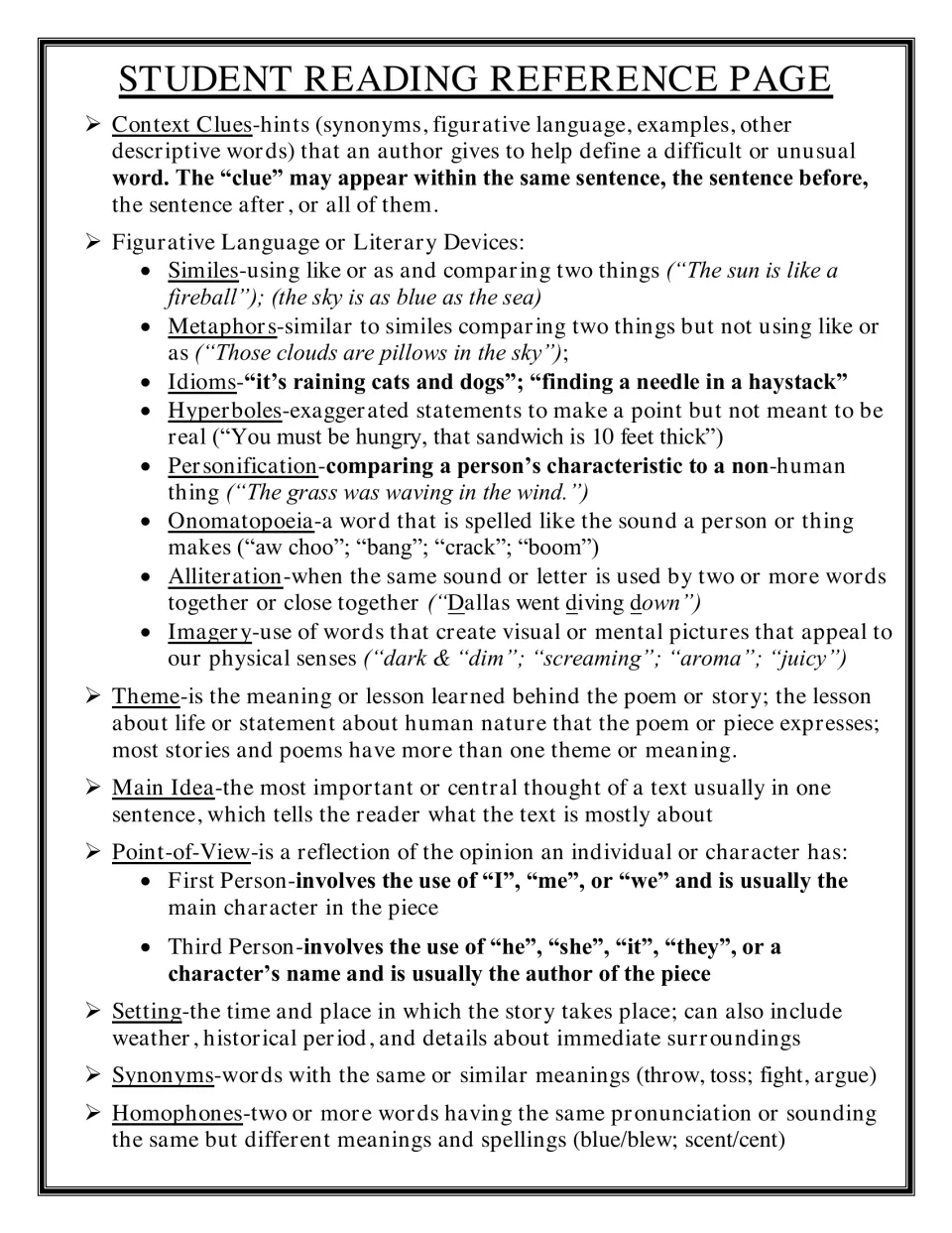 Student reading reference page defining context clues, similes, metaphors, idioms, theme, main idea and point of view
