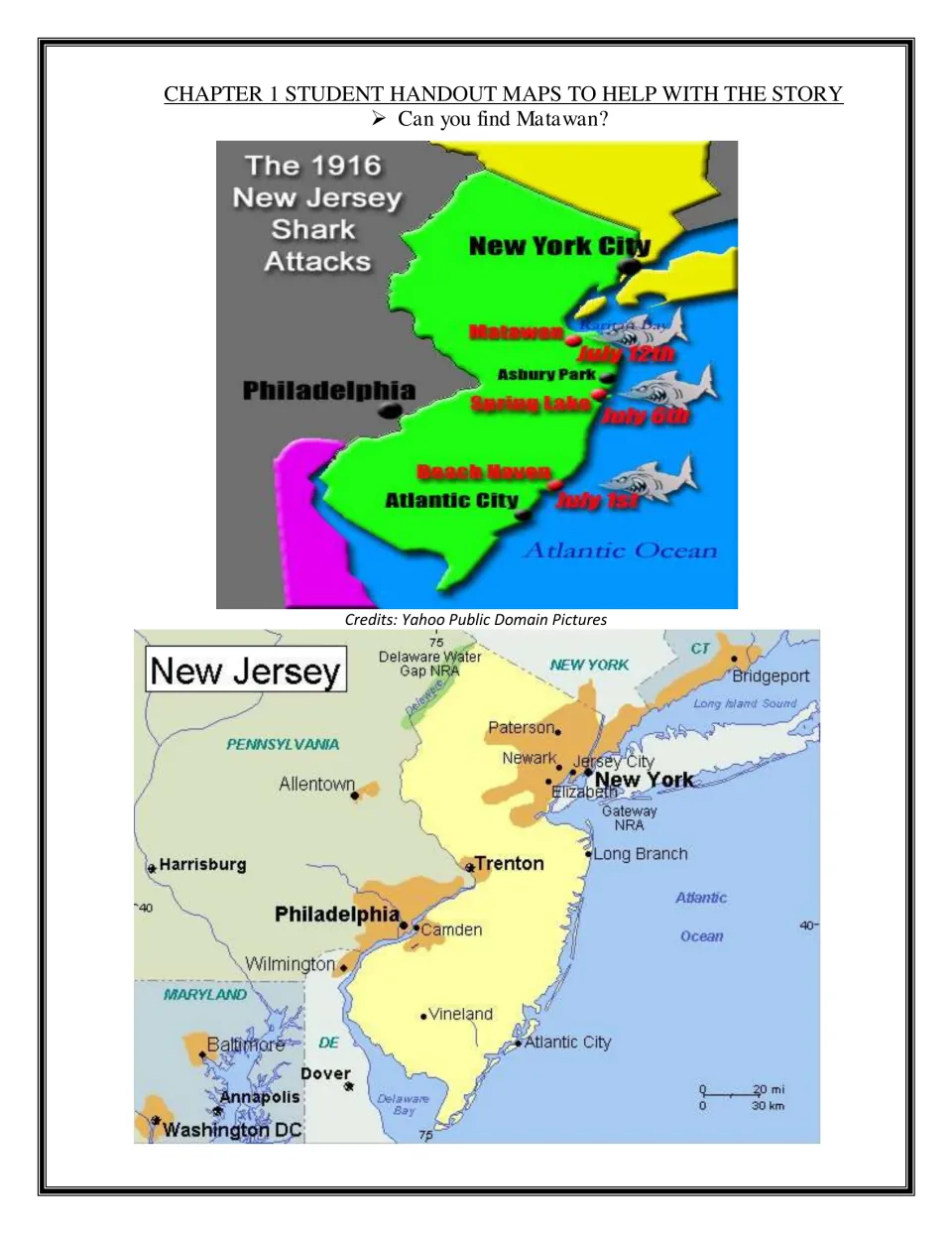 Chapter 1 maps of the 1916 New Jersey shark attacks marking Matawan, Spring Lake and Beach Haven; students find Matawan