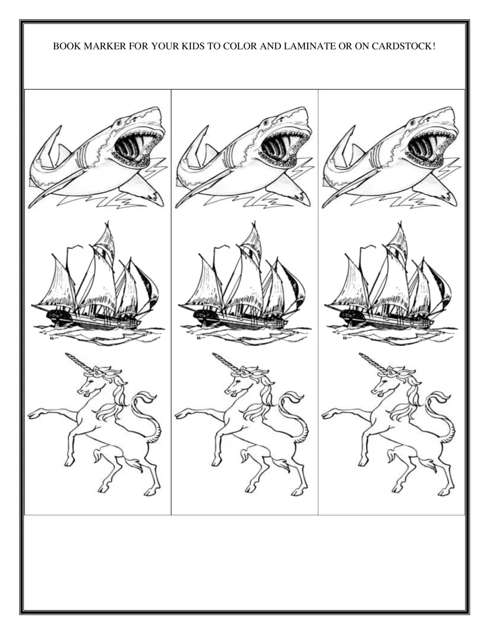 Coloring bookmarks: three identical strips showing a shark, a sailing ship and a unicorn to print on cardstock