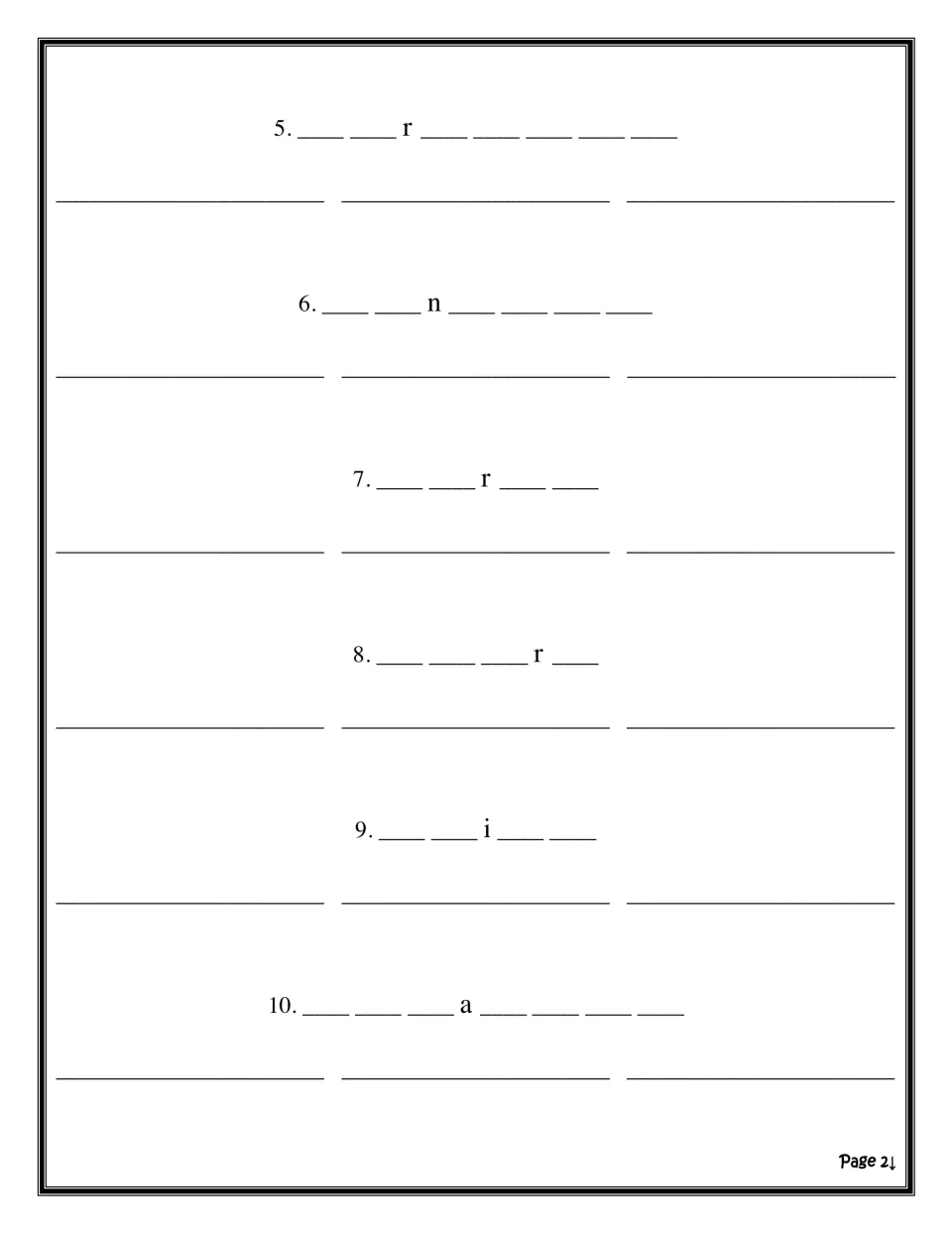 Mystery blanks 5 to 10: students complete each word from one given clue letter, with three answer lines per item