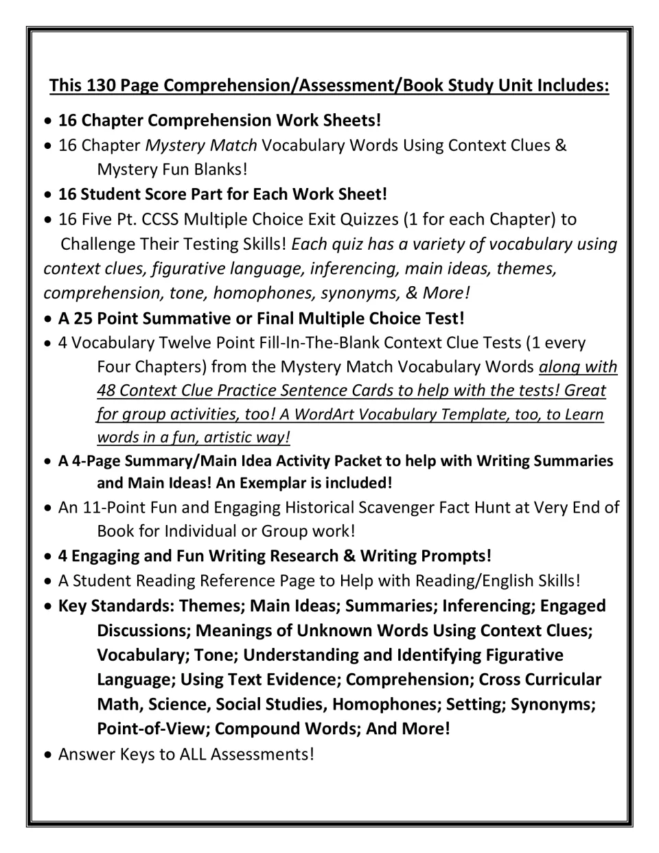 Unit contents list: 16 chapter worksheets, 16 exit quizzes, a 25-point final test, vocabulary tests and writing prompts