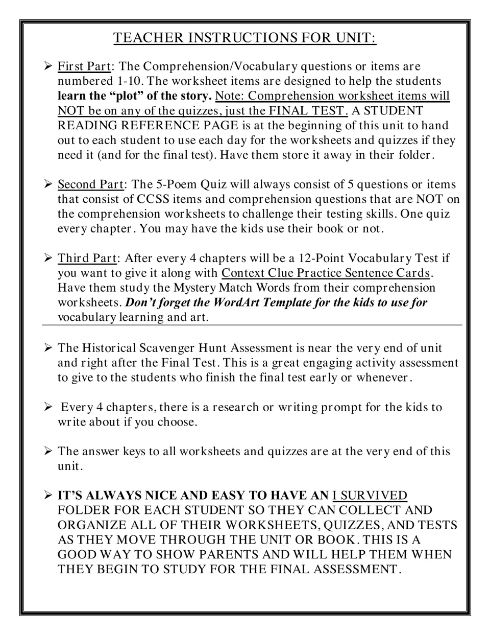 Teacher instructions: how chapter worksheets, 5-item quizzes, vocabulary tests and the scavenger hunt fit together