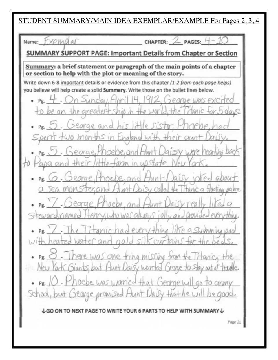 Exemplar support page: handwritten Chapter 2 details on George, Phoebe and Aunt Daisy aboard the Titanic, pages 4-10