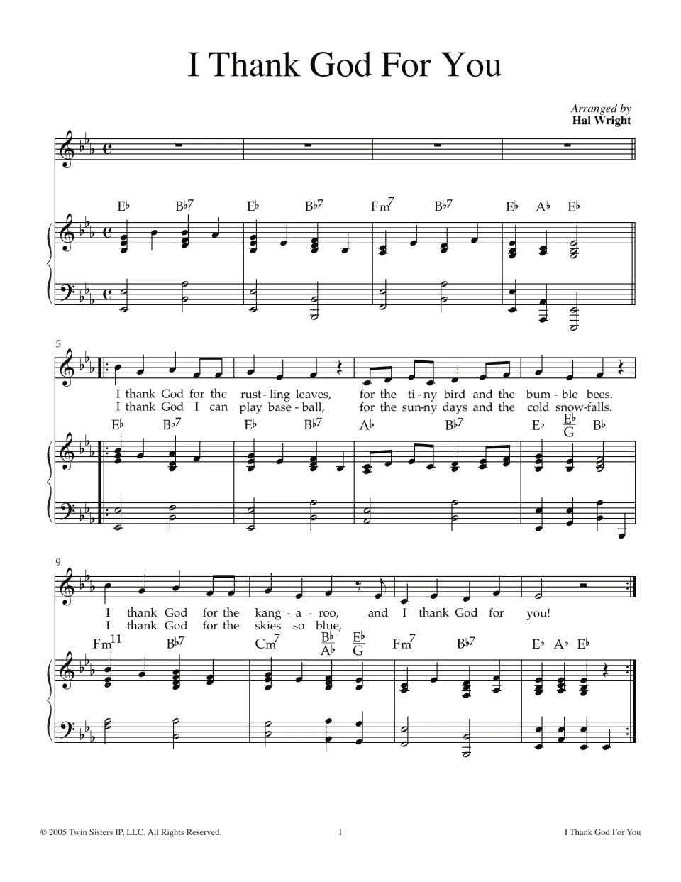 I Thank God For You song, arranged by Hal Wright: melody with two verses of lyrics, piano part and chords in E-flat