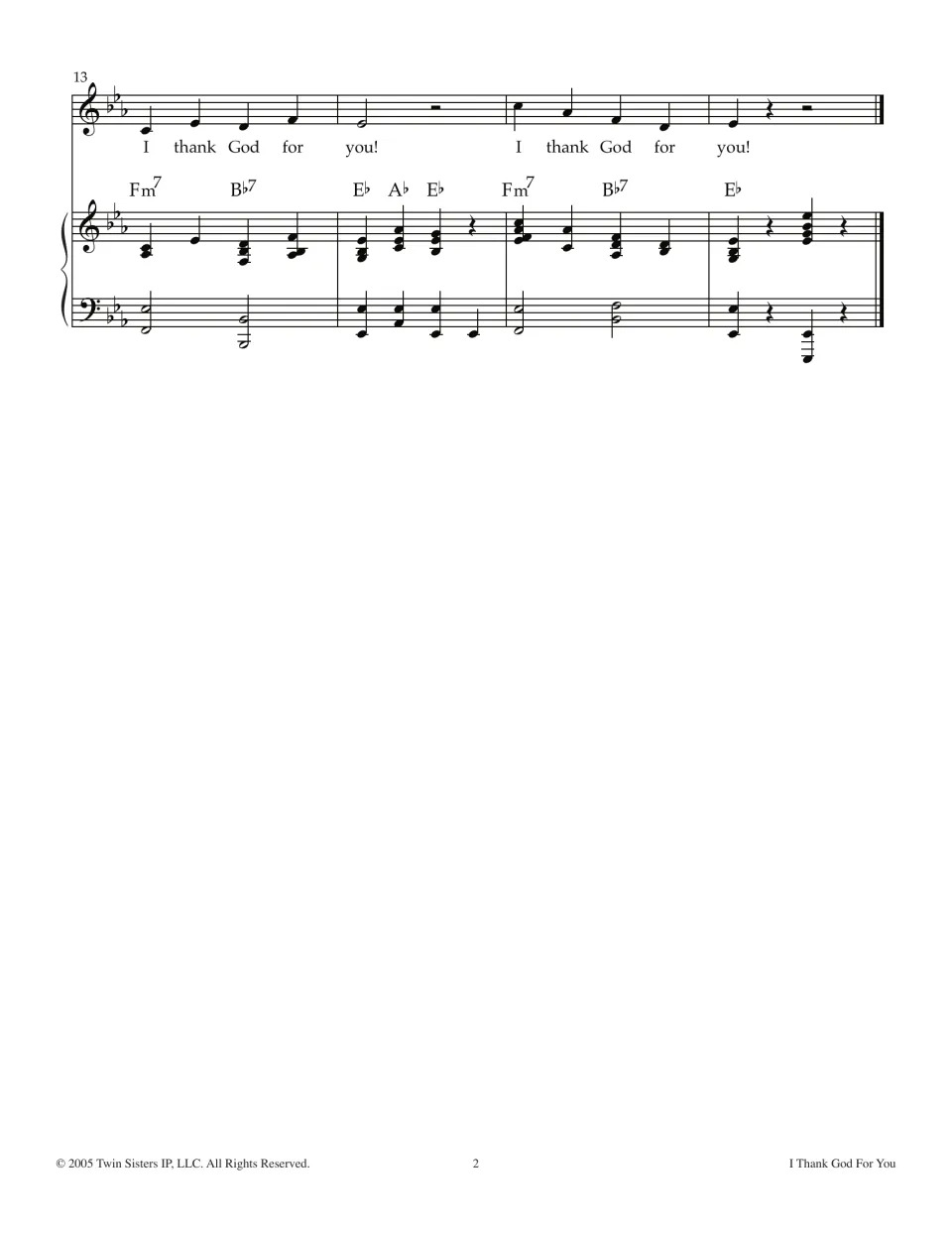 Song ending, measures 13 to 16: closing vocal refrain sung twice over piano accompaniment with Fm7, Bb7 and Eb chords