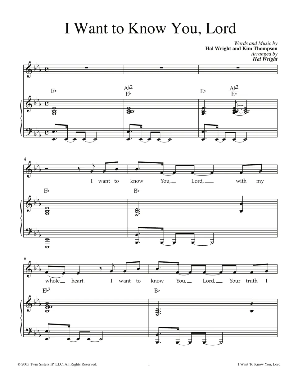Sheet music for I Want to Know You, Lord in E-flat, measures 1-7: vocal line with lyrics over piano part and chords