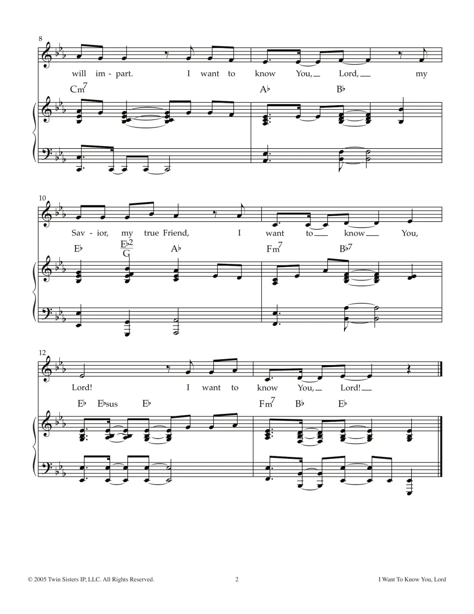 Song conclusion, measures 8-13: vocal melody with lyrics 'will impart' and 'Savior, my true Friend' over piano and chords