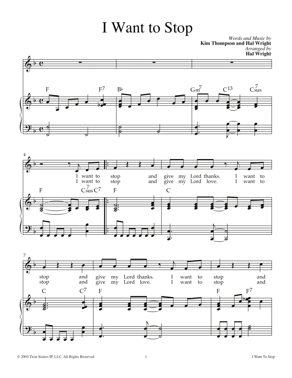 Song opening, measures 1-9: students sing two verses of "I want to stop and give my Lord thanks/love" over piano chords
