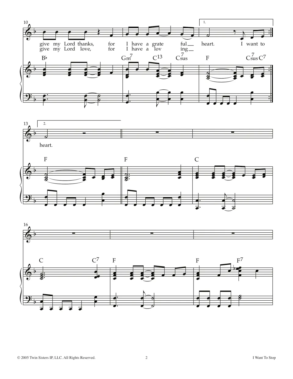Song score, measures 10-18: lyrics "for I have a grateful heart" with 1st and 2nd endings, then a piano-only interlude