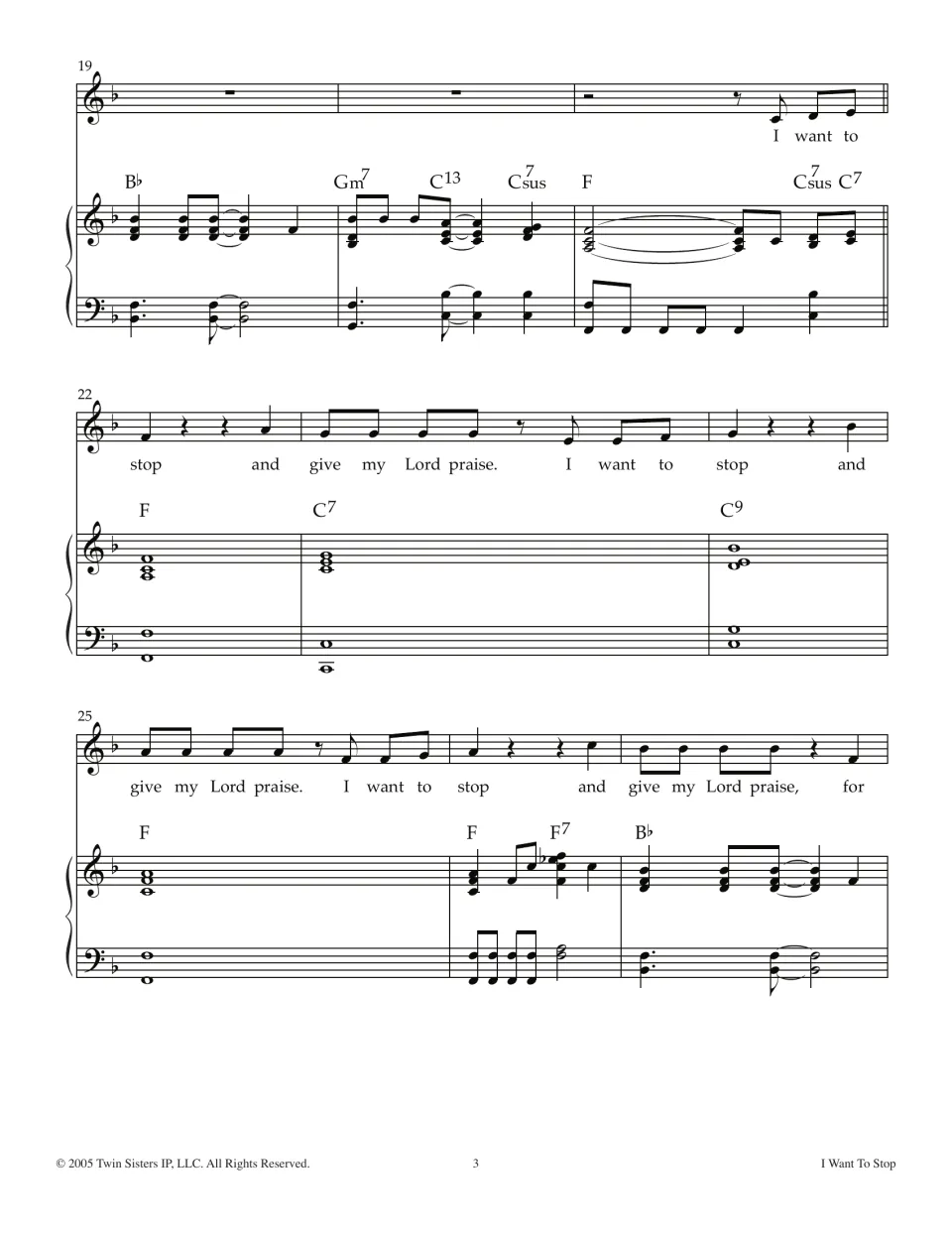 Song score, measures 19-27: piano lead-in, then the vocal line repeats "give my Lord praise" over held chords