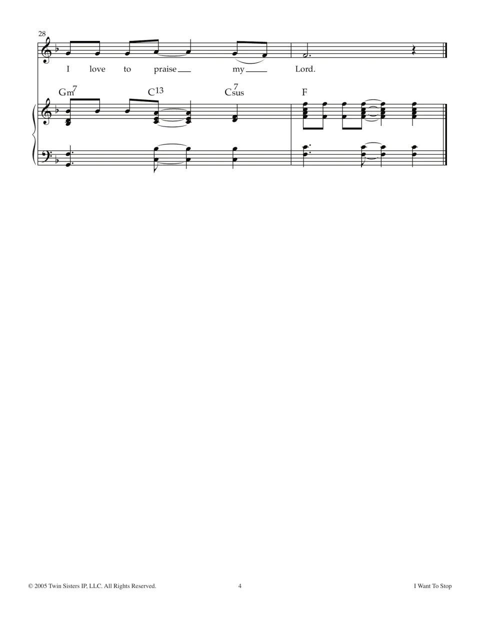 Final measures 28-29 of the song: vocal line closes on "I love to praise my Lord" over Gm7, C13, Csus7 and F chords