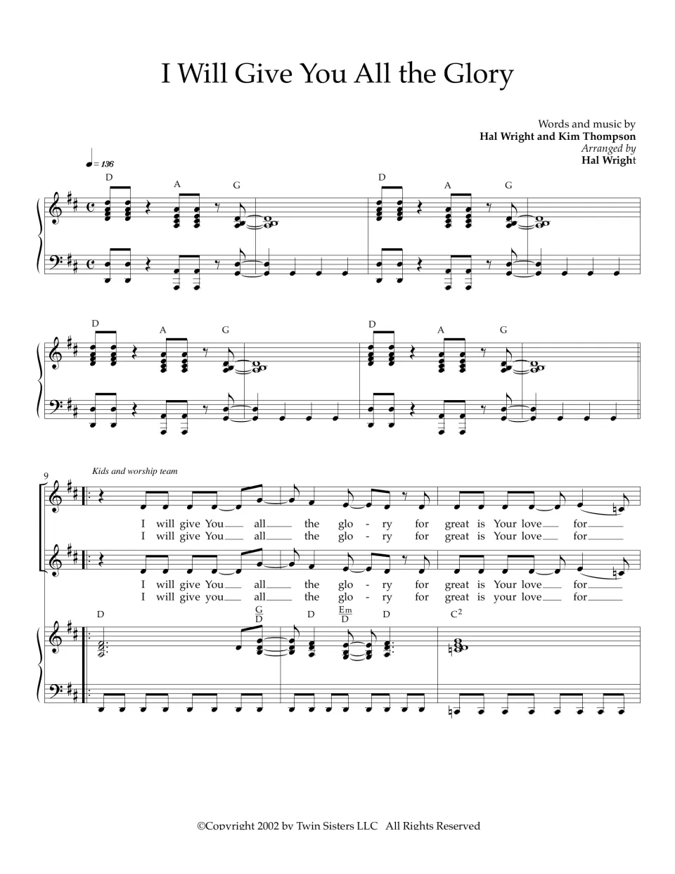I Will Give You All the Glory score, page 1: D-A-G piano intro, then kids and worship team sing the verse at bar 9