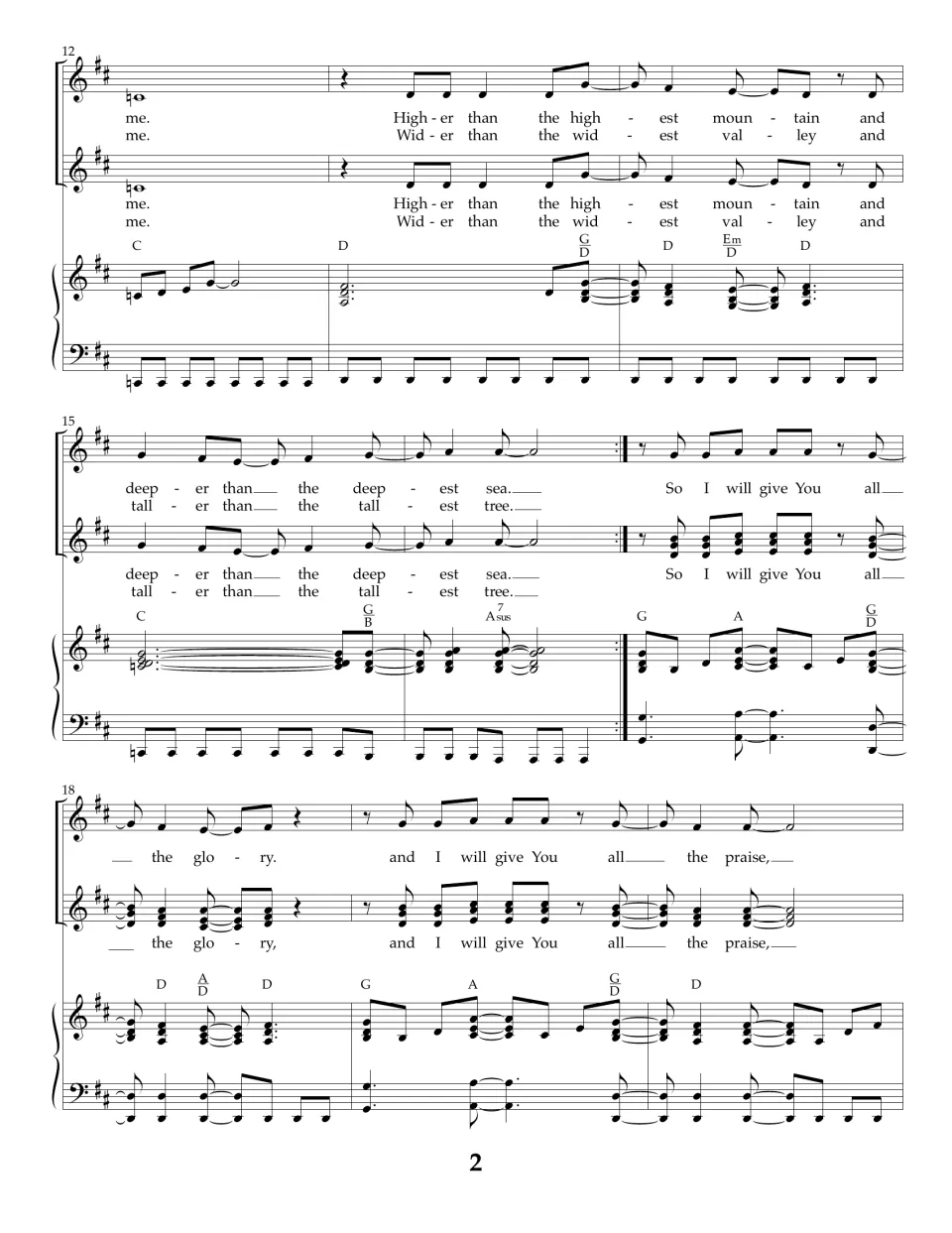 Choral score bars 12-20: verses 'higher than the highest mountain' and 'wider than the widest valley' lead into the chorus