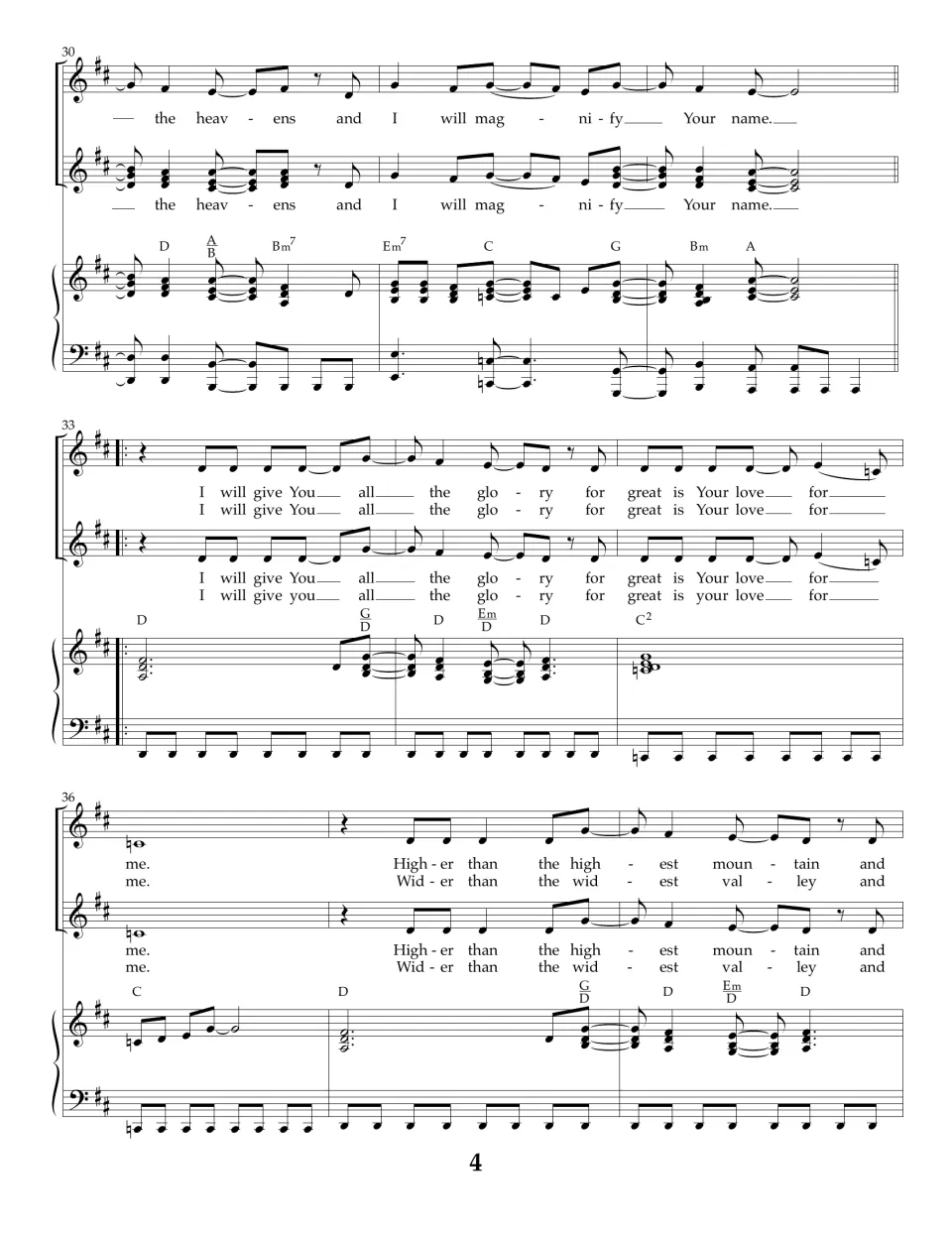 Choral score bars 30-38: 'I will magnify Your name' ends the bridge, then the verse 'great is Your love for me' repeats